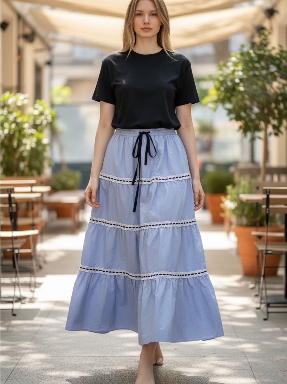 ODDI Light Blue Tiered Maxi Skirt with Black Velvet Details NWT
